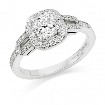 Platinum Oriana cushion cut diamond halo ring 0.88cts