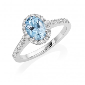 Platinum Pianeti oval aquamarine and diamond halo ring