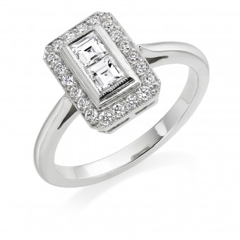 Platinum Finestra deco style diamond halo ring 