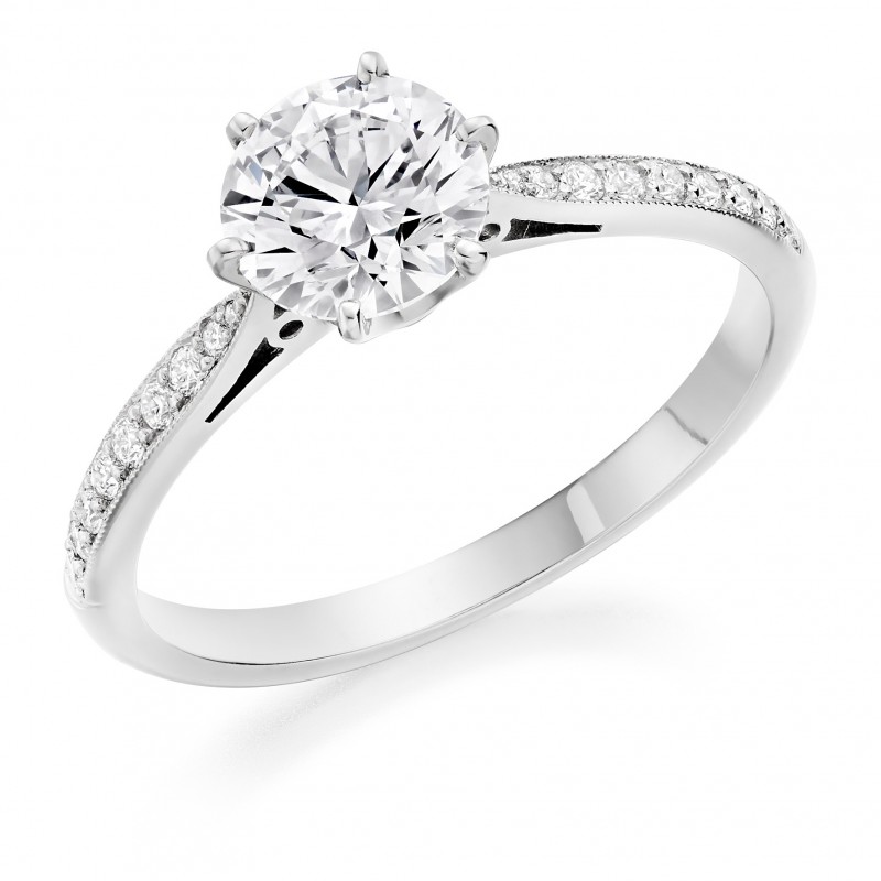 Platinum round cut diamond solitaire ring diamond shoulders 1.19cts