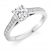 Platinum Nuovo Duplice round cut diamond solitaire ring, diamond shoulders 0.59cts