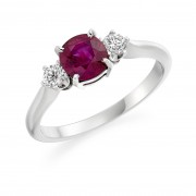 Platinum Nella cushion shape ruby & diamond three stone ring 