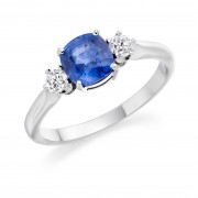 Platinum Nella cushion shape sapphire & diamond three stone ring 