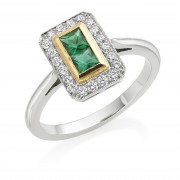 Platinum Finestra deco style emerald and diamond halo ring 